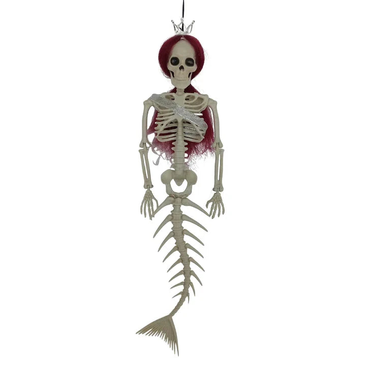 Mermaid bone pendant in various colors, including brown, dark purple, burgundy, and lake blue, hanging outdoors for Halloween decoration