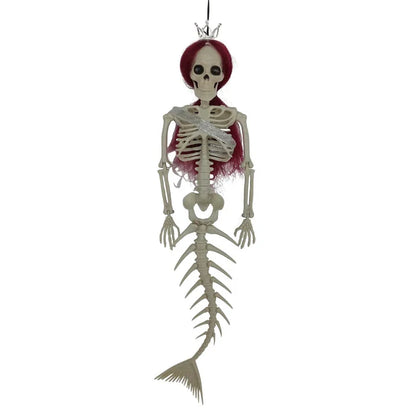 Mermaid bone pendant in various colors, including brown, dark purple, burgundy, and lake blue, hanging outdoors for Halloween decoration