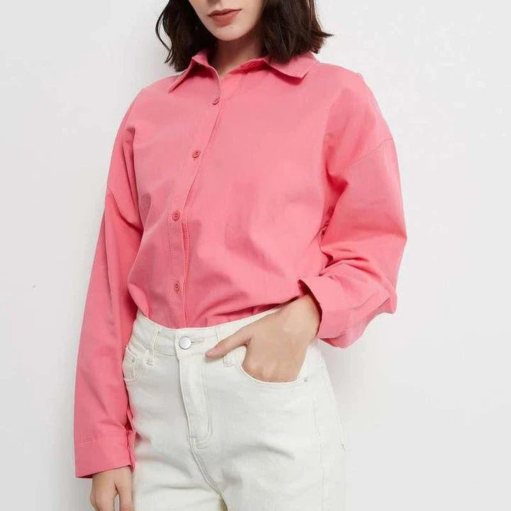 Autumn Rose Red Oversized Casual Blouse with classic turn-down collar and two-button closure