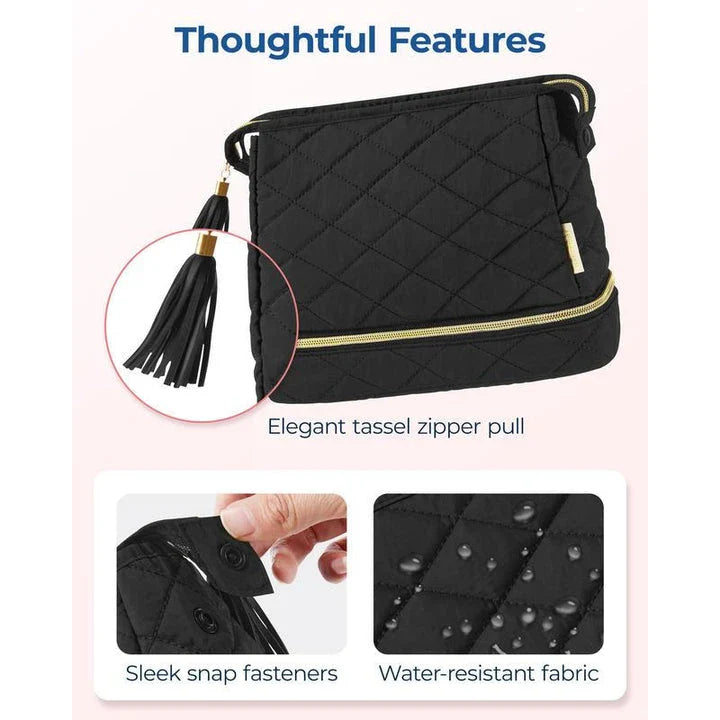 Elegant dual-layer makeup organizer bag in pink color with stylish tassel zippers and smooth zipper closure for easy access to cosmetics and beauty essentials