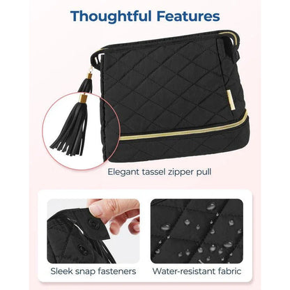 Elegant dual-layer makeup organizer bag in pink color with stylish tassel zippers and smooth zipper closure for easy access to cosmetics and beauty essentials