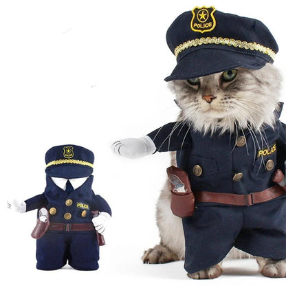 A soft, cotton pet costume designed as a policeman uniform, with a badge and cap, perfect for dressing up your dog or cat for Halloween or other celebrations.