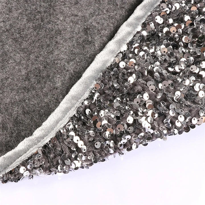 Sparkling Christmas tree skirt with shimmering silver gray sequins, adding a touch of holiday magic to your home decor