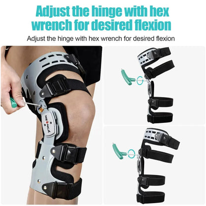Adjustable knee brace with hinged stabilizer for enhanced recovery, featuring durable aluminum, breathable fabric, and customizable range of motion.