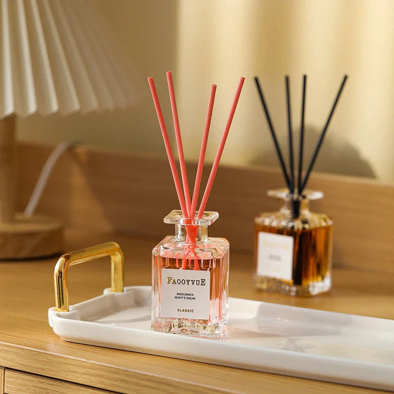 Romantic Manor Perfume Reed Diffuser Set with elegant glass bottle and wooden reeds, delivering a long-lasting, soothing fragrance to enhance your home's ambiance.