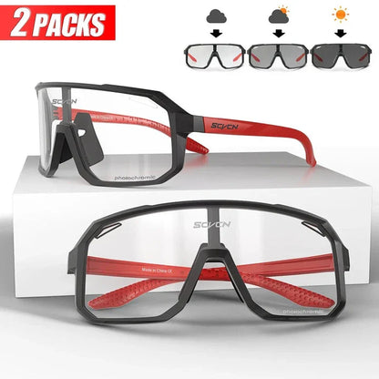 Pair of adjustable, photochromic cycling sunglasses with UV400 protection, suitable for outdoor activities and sports