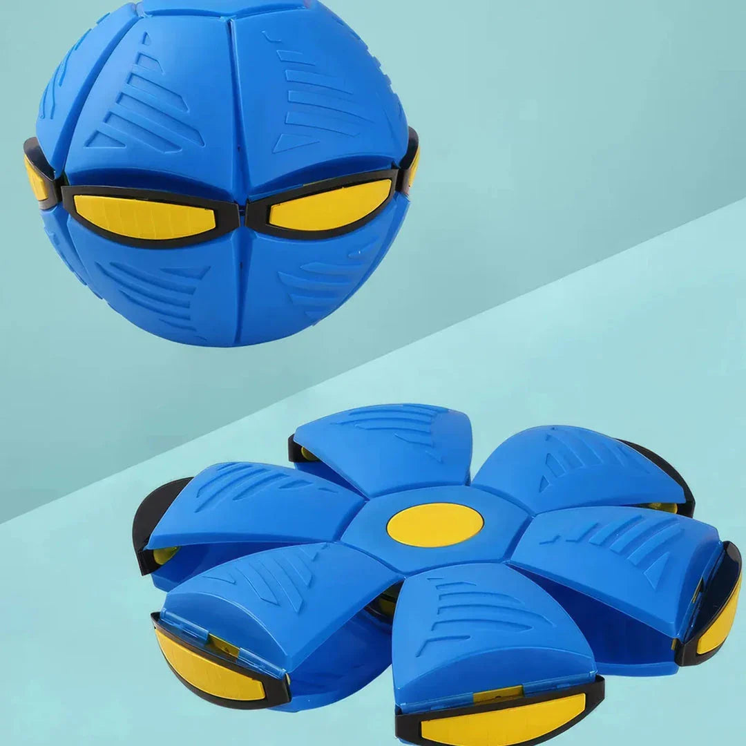 Transforming dog toy with UFO-shaped ball that changes shape for interactive outdoor play