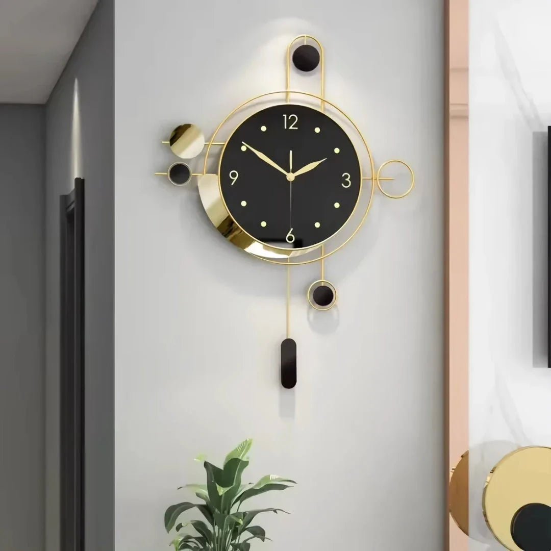 Elegant Art Deco Gold and Black Wall Clock with a captivating pendulum and modern geometric design, perfect for contemporary home decor