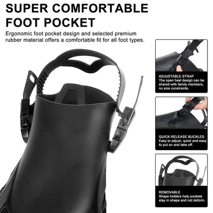A pair of adjustable travel snorkel fins in various sizes and colors, perfect for underwater adventures and water sports.