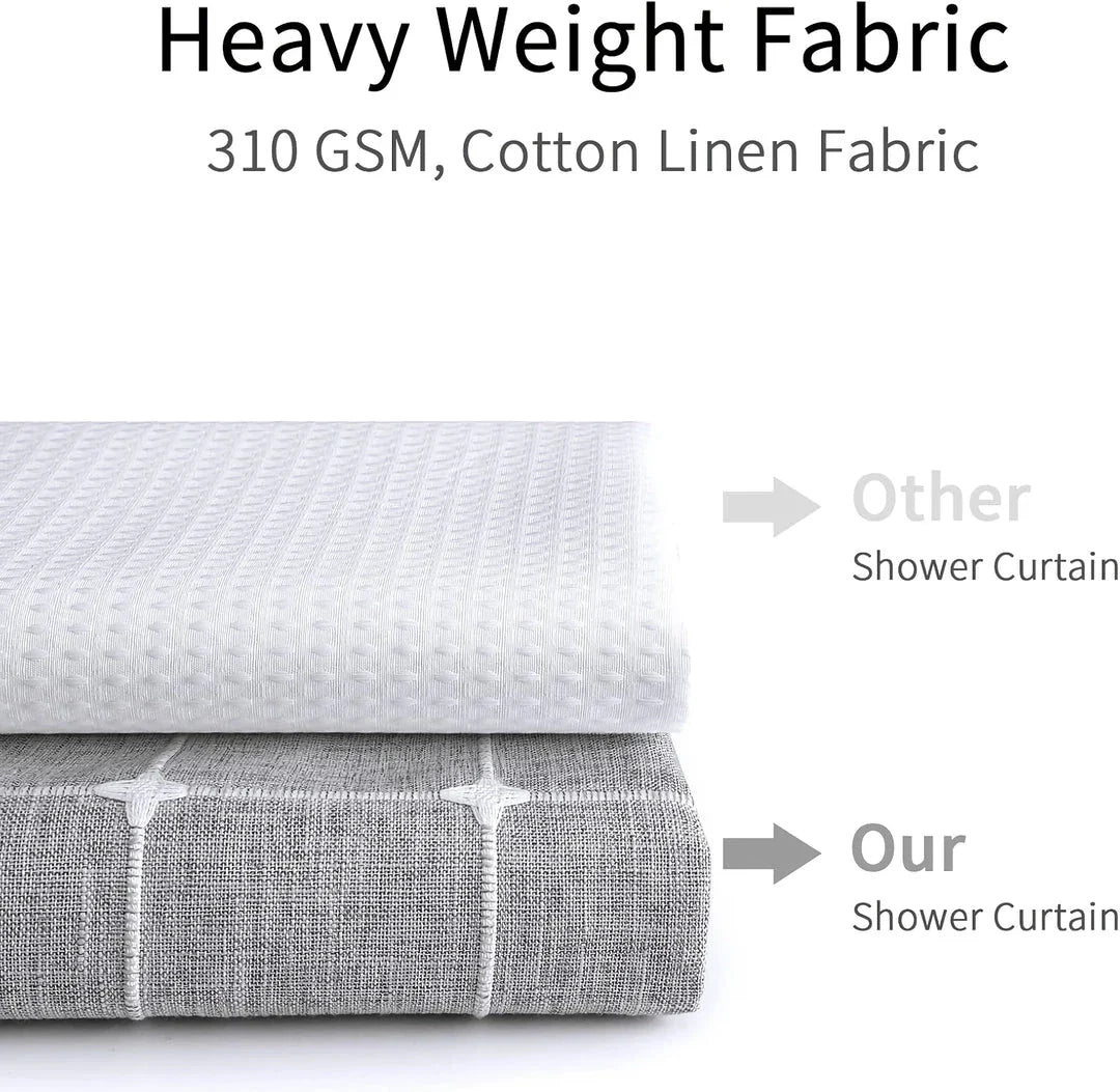 Elegant jacquard linen shower curtain with charming tassels in light grey color, adding sophisticated style to any bathroom