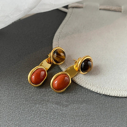 Chic marble-colored tiger eye retro earrings with geometric patterns and a removable upper round design