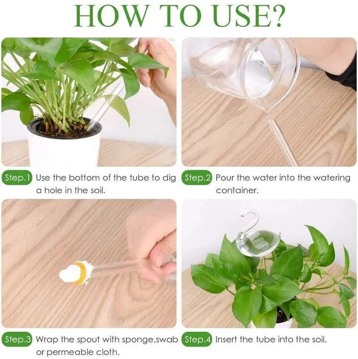 Automatic self-watering plant device in decorative designs including birds, stars, and mushrooms