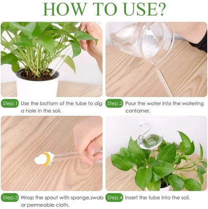 Automatic self-watering plant device in decorative designs including birds, stars, and mushrooms