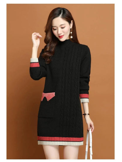 A mid-length knit dress with a cozy half-turtleneck, made of soft polyester fabric for all-day comfort and style.