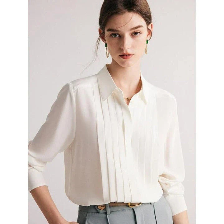 Elegant white blouse made from premium mulberry silk, designed with a sophisticated turn-down collar for the modern office lady