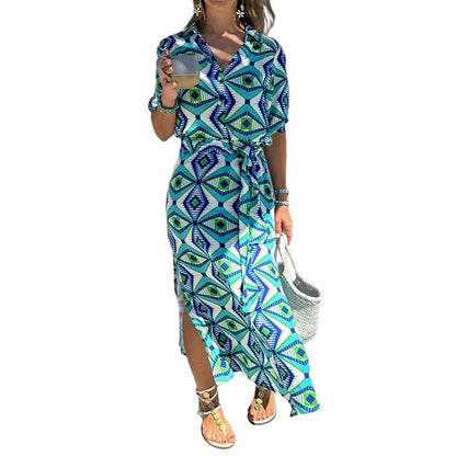 Stylish Printed Blouse Collar Bohemian Mid-Length Dress in Sky Blue with A-Line Silhouette and Geometric Pattern