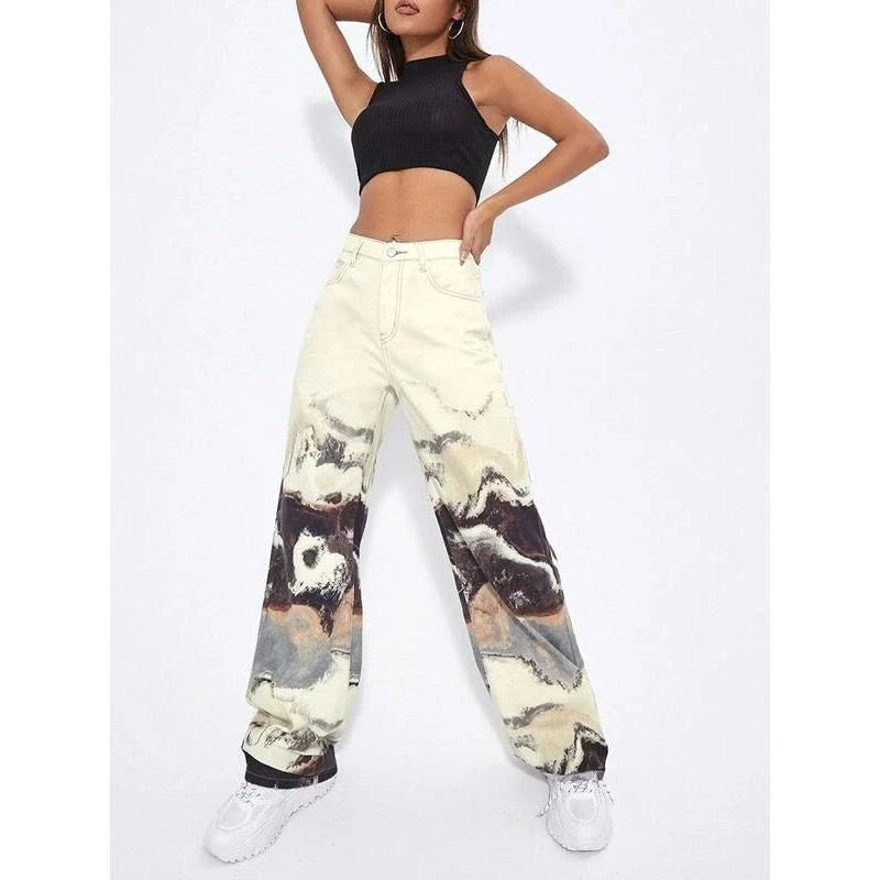 Stylish Korean tie-dye wide-leg high-waist jeans with a unique colorblock design, perfect for casual and office wear
