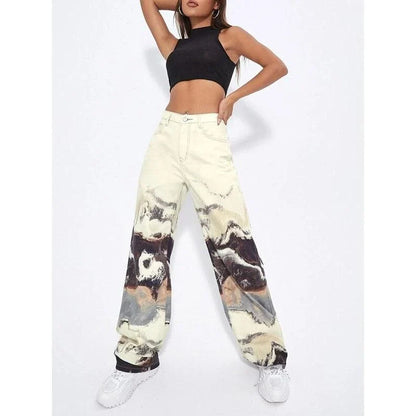 Stylish Korean tie-dye wide-leg high-waist jeans with a unique colorblock design, perfect for casual and office wear