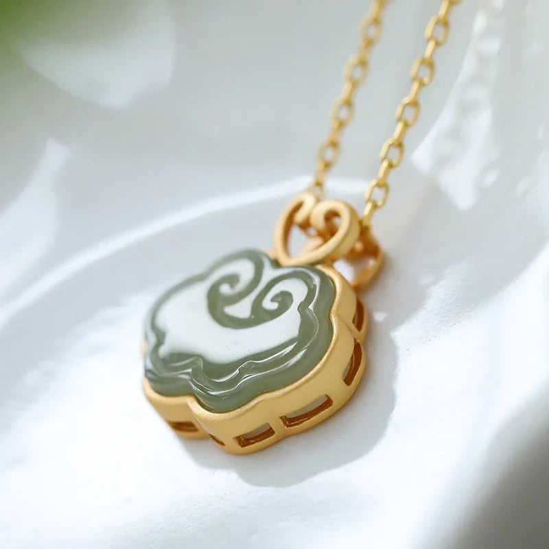 Elegant Hetian Jade Retro Pendant with Intricate Silver Inlay Design and Adjustable Cross-Chain