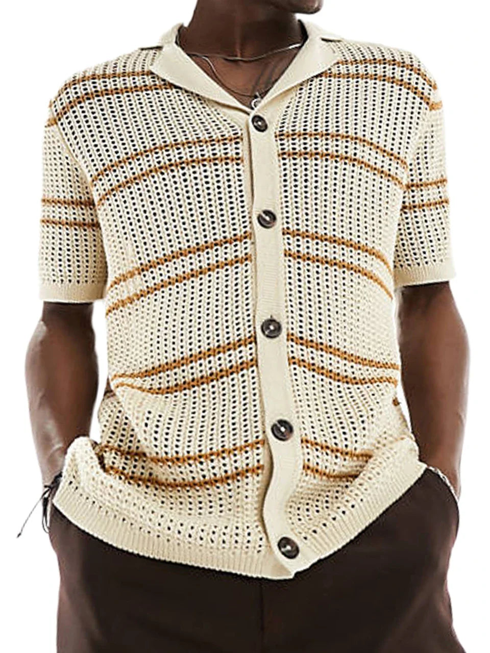 A classic men's knit cardigan with a stylish short-sleeve design, perfect for casual summer wear