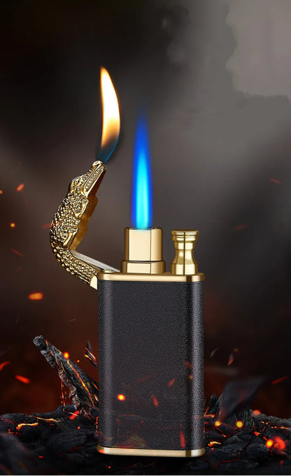 Multipurpose windproof lighter with a dragon or dolphin design, featuring a dual-flame and wind-resistant construction for versatile use.