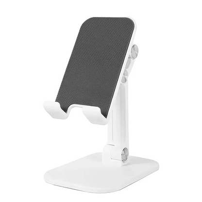 Adjustable and foldable desk phone holder with three-section design, providing hands-free convenience for mobile devices