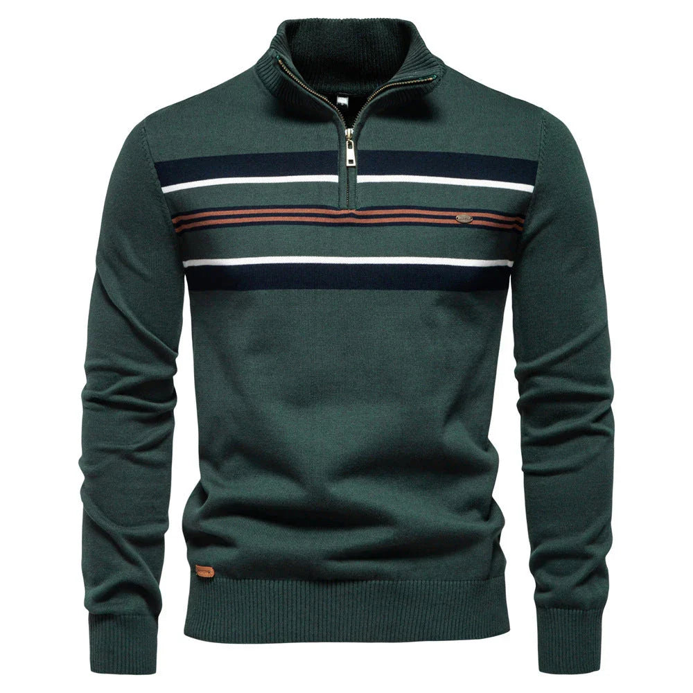 Cozy autumn and winter half-zip sweater in green, dark blue, khaki, and light gray colors