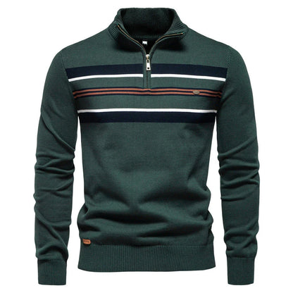 Cozy autumn and winter half-zip sweater in green, dark blue, khaki, and light gray colors