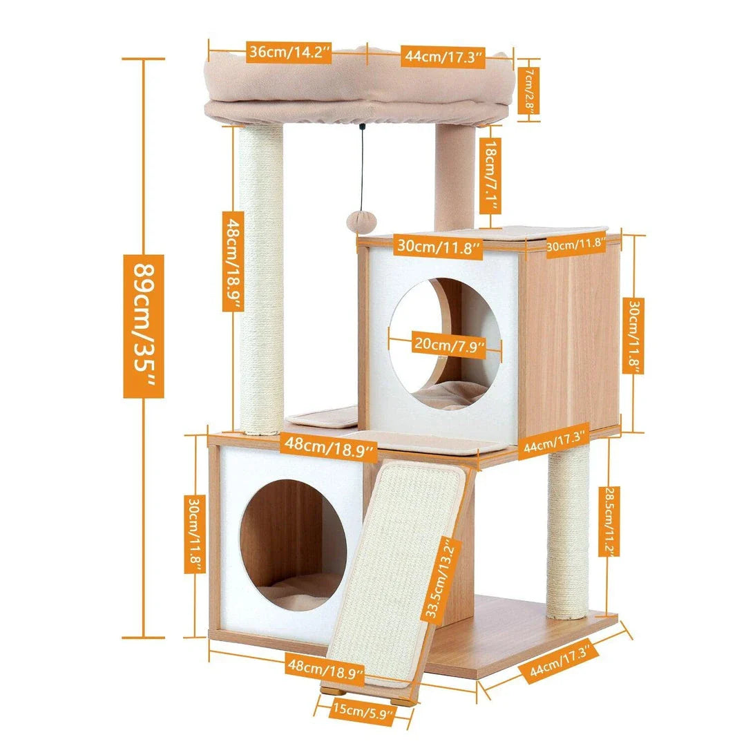 Cozy Cat Tree House with Ladder - A premium cat furniture piece featuring a spacious two-level design, sisal-covered scratching posts, and a convenient built-in ladder for your feline friend's comfort and enrichment.