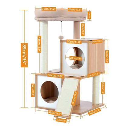 Cozy Cat Tree House with Ladder - A premium cat furniture piece featuring a spacious two-level design, sisal-covered scratching posts, and a convenient built-in ladder for your feline friend's comfort and enrichment.