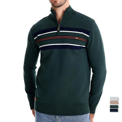 Cozy autumn and winter half-zip sweater in green, dark blue, khaki, and light gray colors