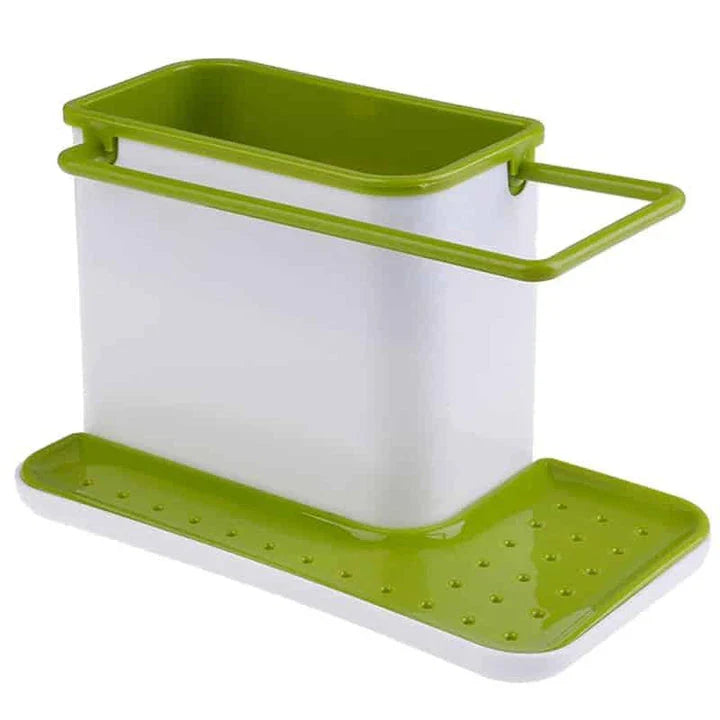 Multifunctional sink organizer with storage compartments, drying rail, and drip tray for a tidy kitchen countertop