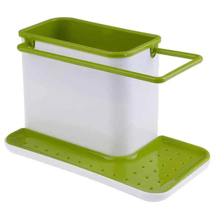 Multifunctional sink organizer with storage compartments, drying rail, and drip tray for a tidy kitchen countertop