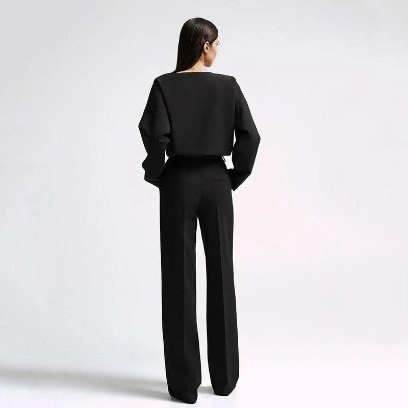 Elegant two-piece office suit with long-sleeve top and wide-leg pants, crafted from high-quality synthetic fiber for a sophisticated and comfortable look.