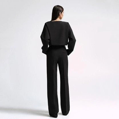 Elegant two-piece office suit with long-sleeve top and wide-leg pants, crafted from high-quality synthetic fiber for a sophisticated and comfortable look.