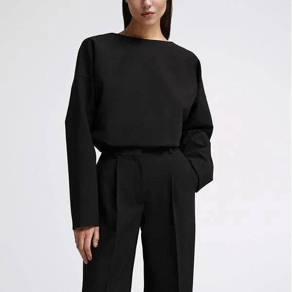 Elegant two-piece office suit with long-sleeve top and wide-leg pants, crafted from high-quality synthetic fiber for a sophisticated and comfortable look.