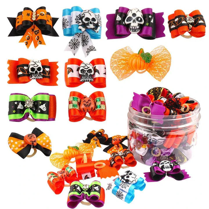 Colorful pet Halloween hair bows in a variety of spooky designs