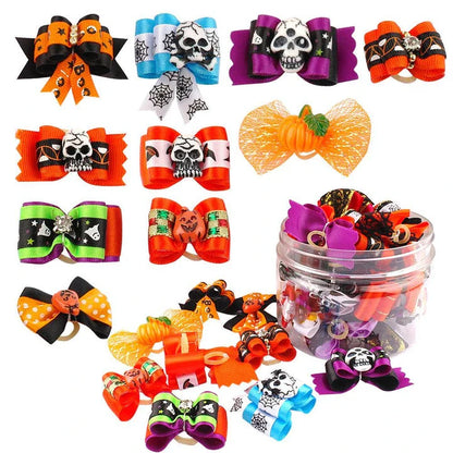 Colorful pet Halloween hair bows in a variety of spooky designs