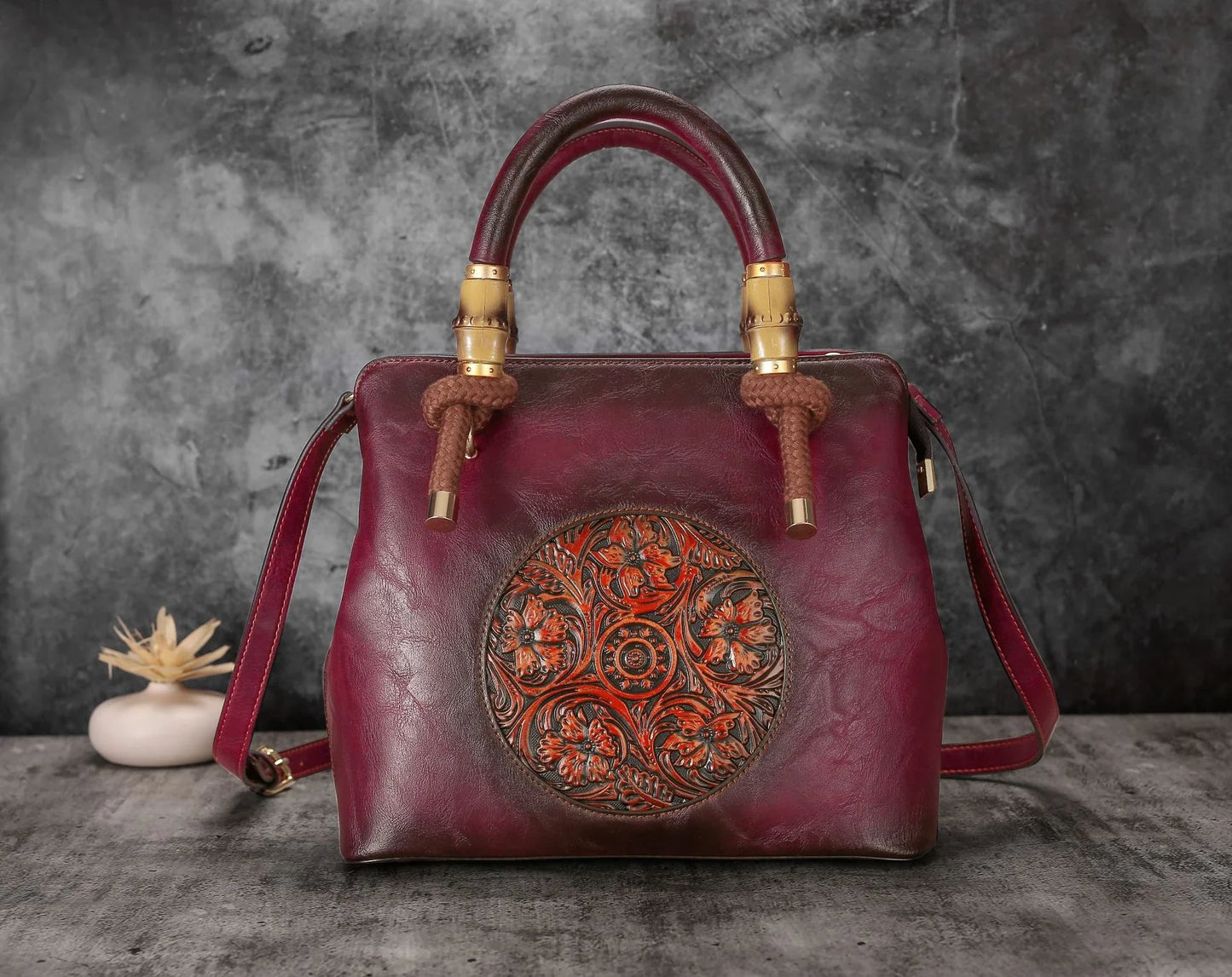 Bamboo shoulder bag with a roomy interior, multiple pockets, and a retro-inspired design for everyday use