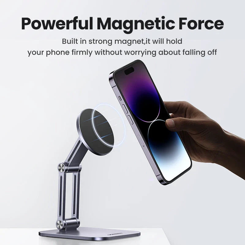 Magnetic phone holder with adjustable stand, made of durable aluminum alloy for hands-free convenience