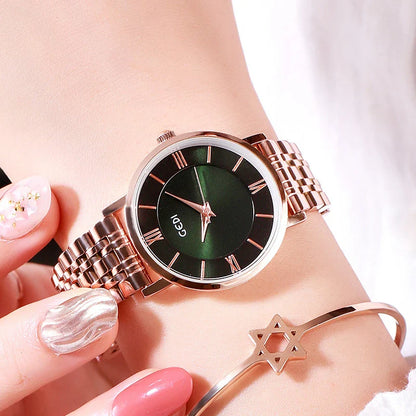 Fashionable women's waterproof watch with alloy and stainless steel construction, available in various color options