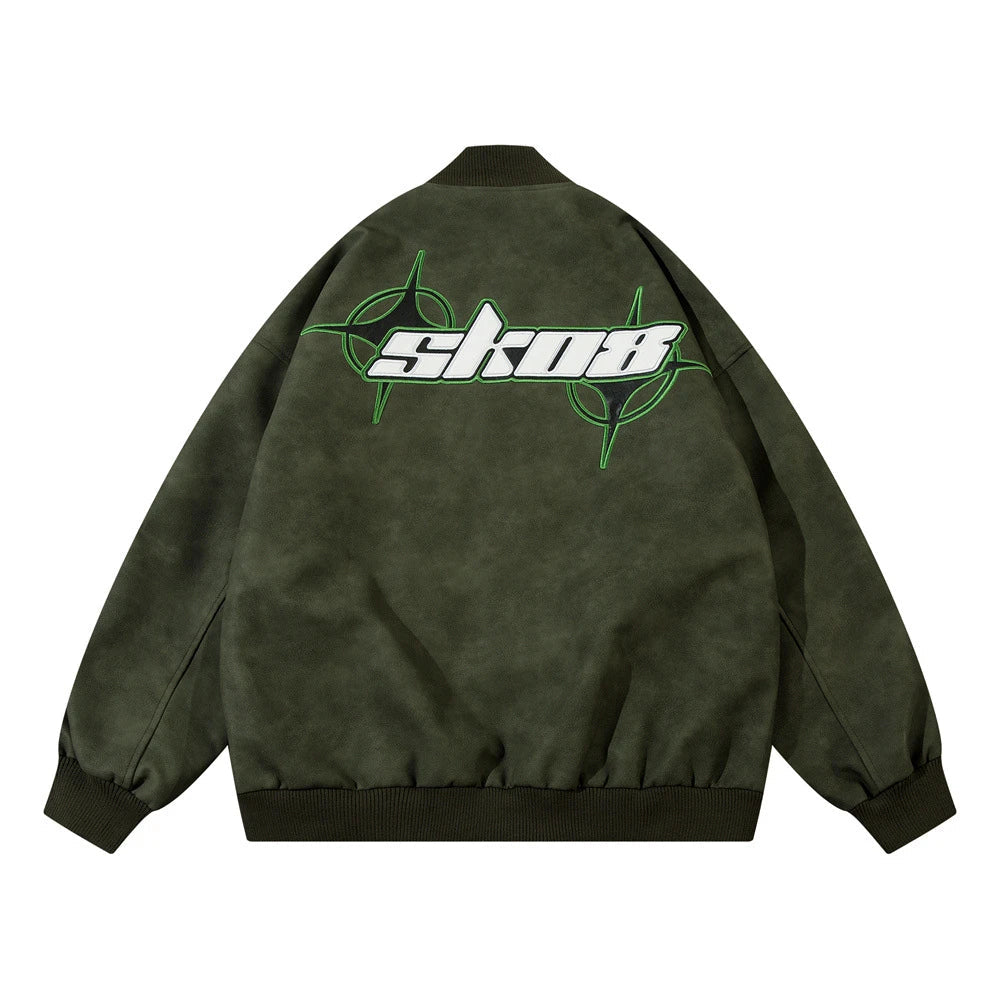 Fashionable Loose PU Leather Jacket with Star Embroidery Design in Black and Gray Green Colors