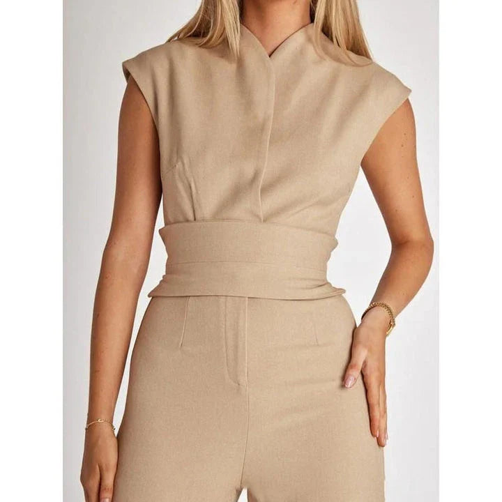 Elegant V-Neck Sleeveless Wide-Leg Jumpsuit for Women in Khaki Color