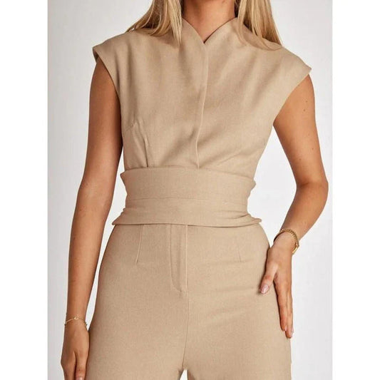 Elegant V-Neck Sleeveless Wide-Leg Jumpsuit for Women in Khaki Color