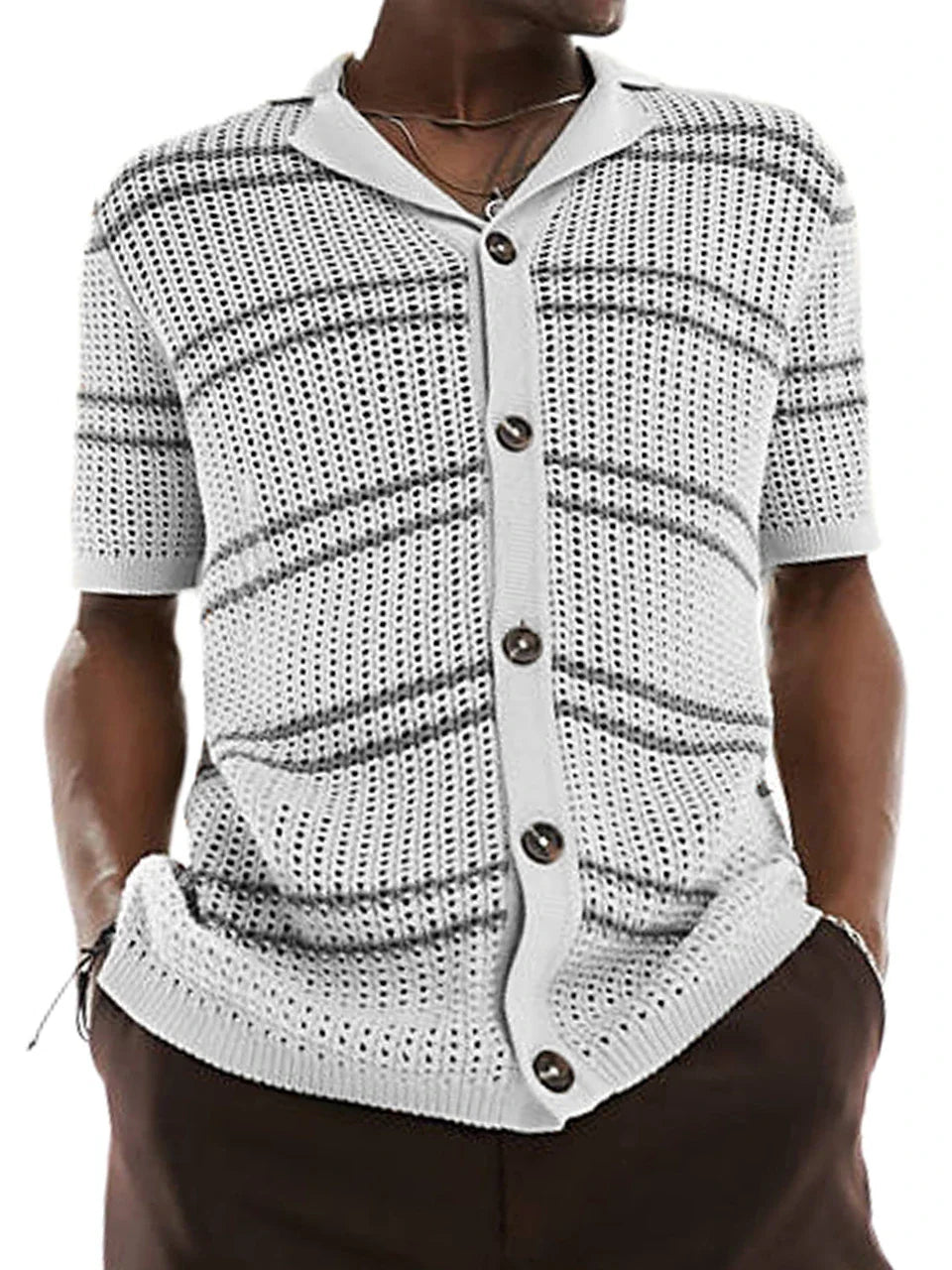 A classic men's knit cardigan with a stylish short-sleeve design, perfect for casual summer wear