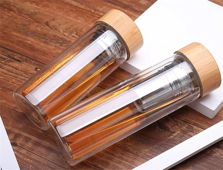 Premium glass water bottle with bamboo infuser lid for healthy, eco-friendly hydration on the go
