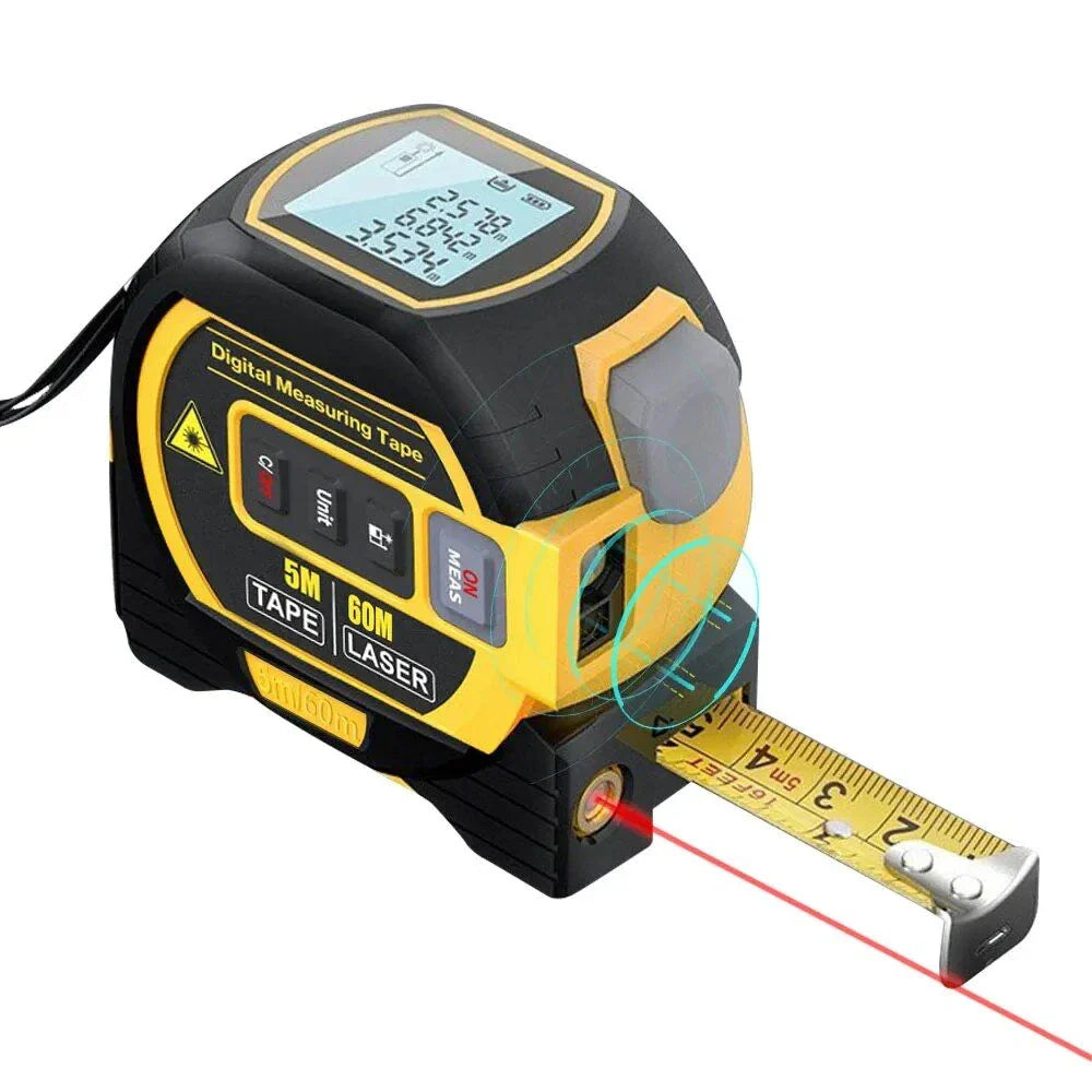 Multifunctional Laser Distance Meter with 5-meter tape measure and laser cross-marking features for precise measurements in construction and DIY projects.