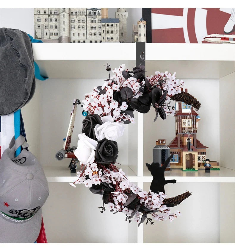 Halloween White Flower Black Rose Dried Wood Moon Cat Garland Ornaments