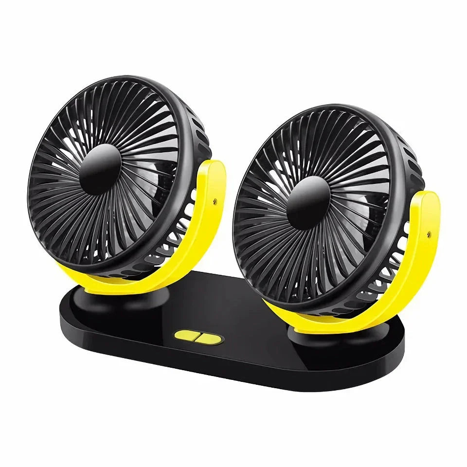 Dual-head 12/24V car fan with adjustable 3-speed settings and USB power for cooling in any vehicle