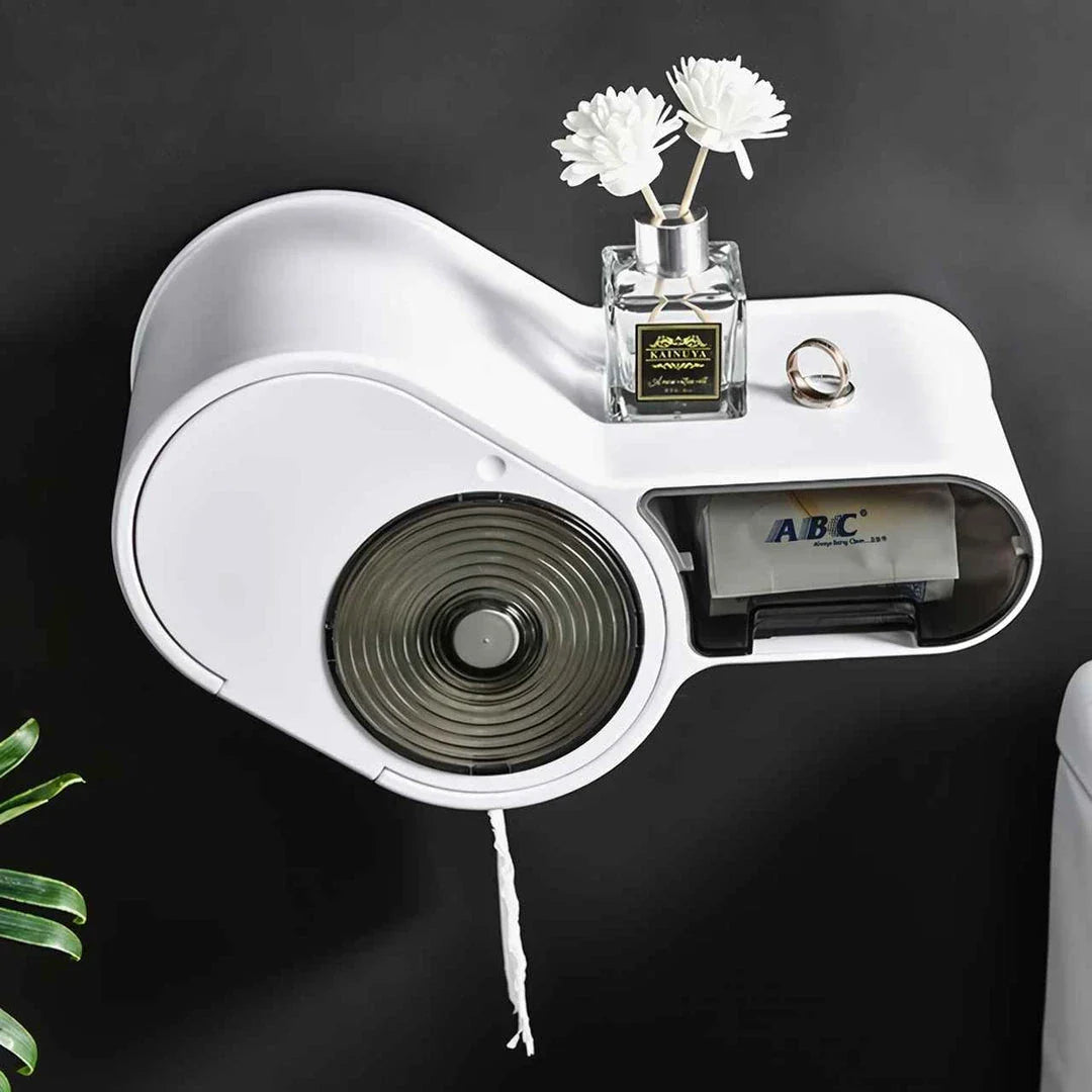 Multifunctional waterproof toilet paper holder with transparent window, detachable roll shaft, and anti-skid storage table for bathroom organization and convenience